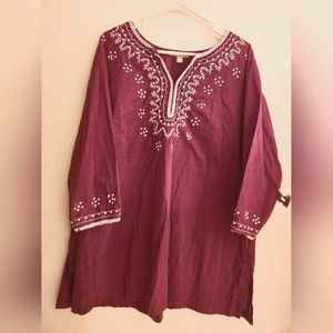 Embroidered Cotton Gauze Burgandy Woman's Top  India  Beautiful